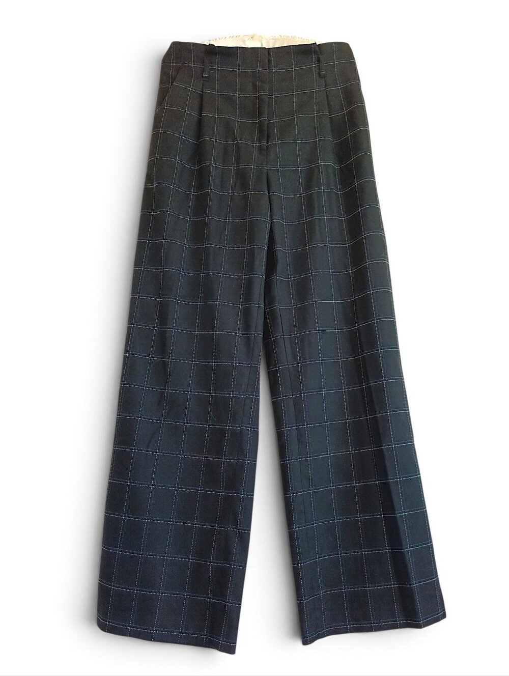 H&M Black and Dark Green Windowpane Wide-Leg Trousers Classic Plaid Work Pants